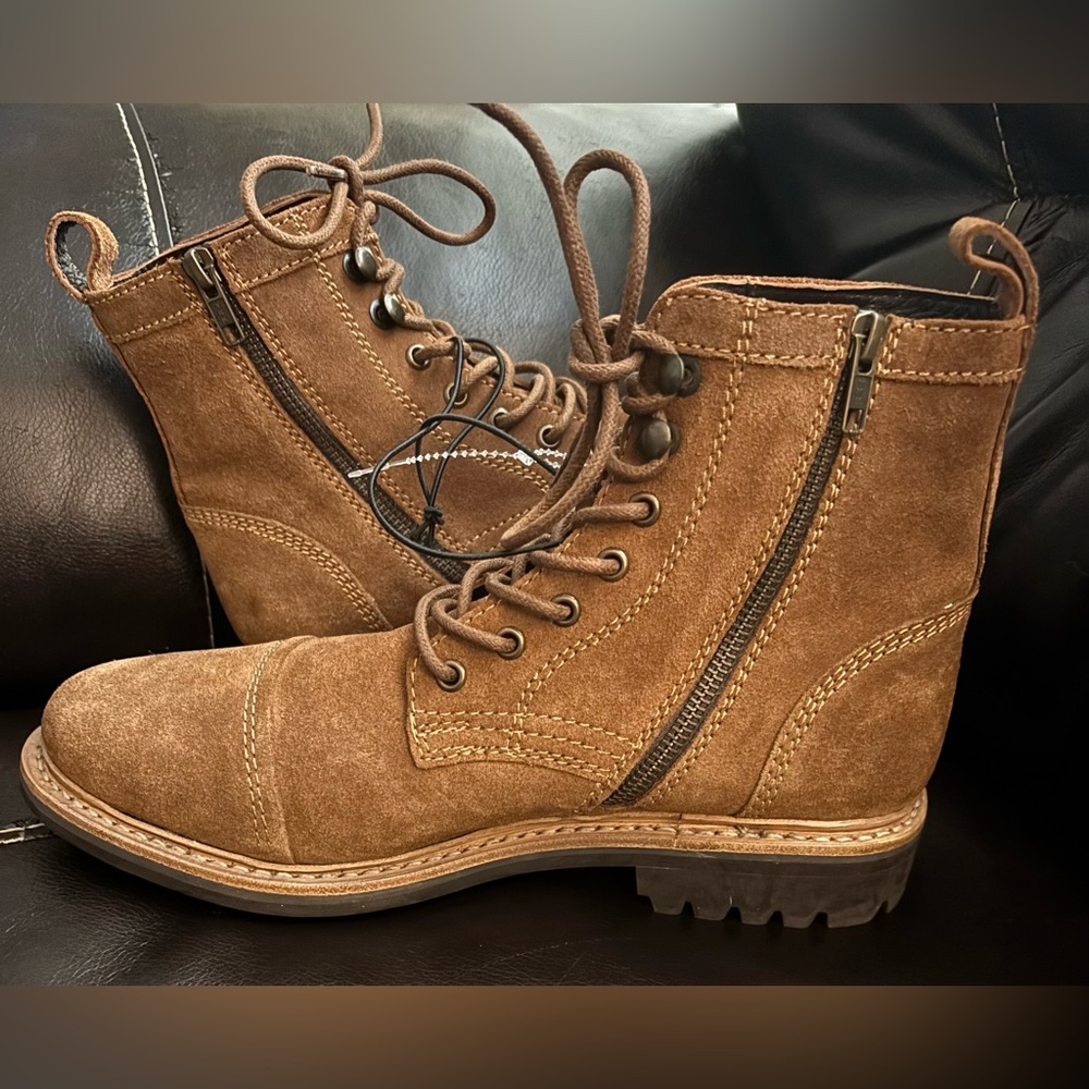 New Frye Russell Mens Side Zip Lace Up Tan Leather Suede Boots Size 10 - Picture 7 of 11